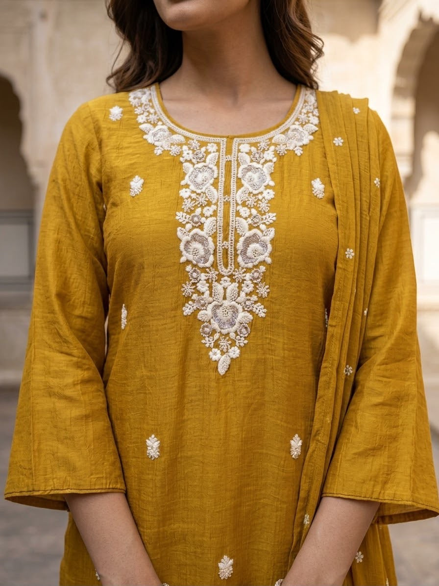 Embroidered Mul Chanderi Crust Kurta And Sharara Set With Llining MLC31