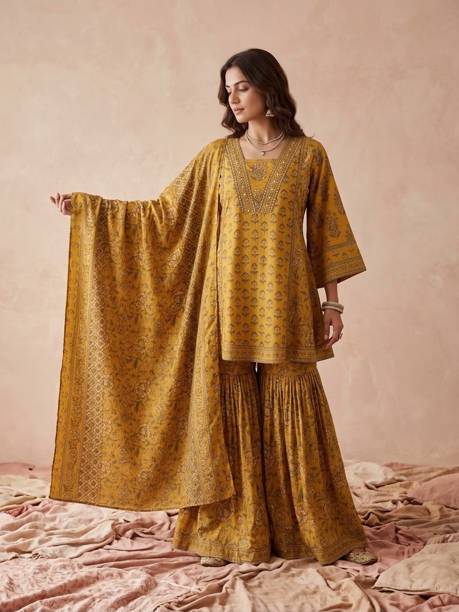 Short Length Cotton Dupatta Set With Sharara CS0408