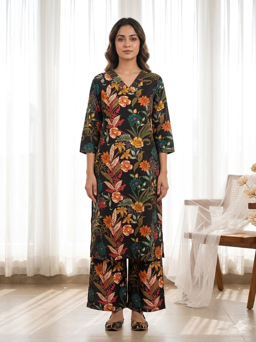 Jaal Floral Print Only Straight Kurta ( Black ) OK007