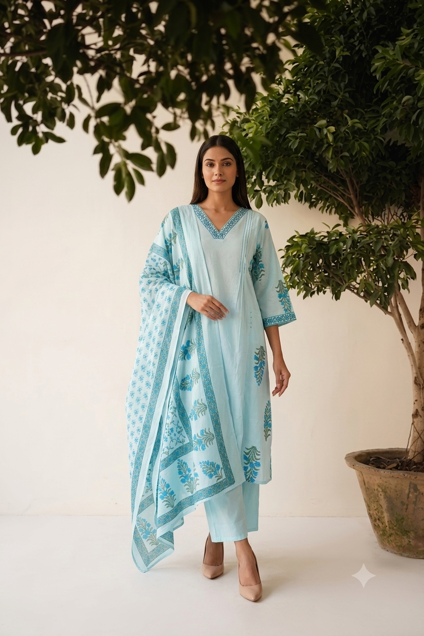 Pure Cotton Dupatta Set With Inner A Line Pattern CS0269