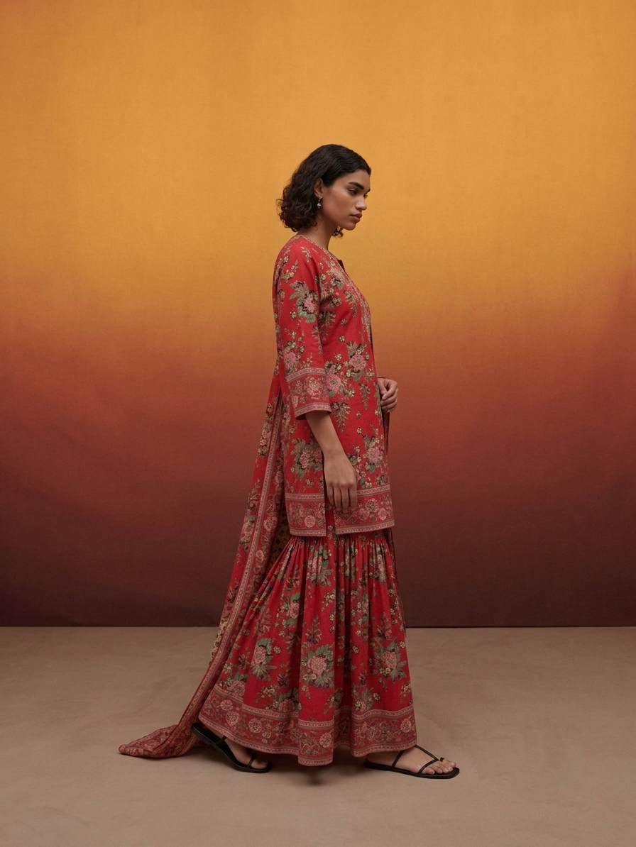 Printed Cotton Dupatta Set With Sharara CS0320