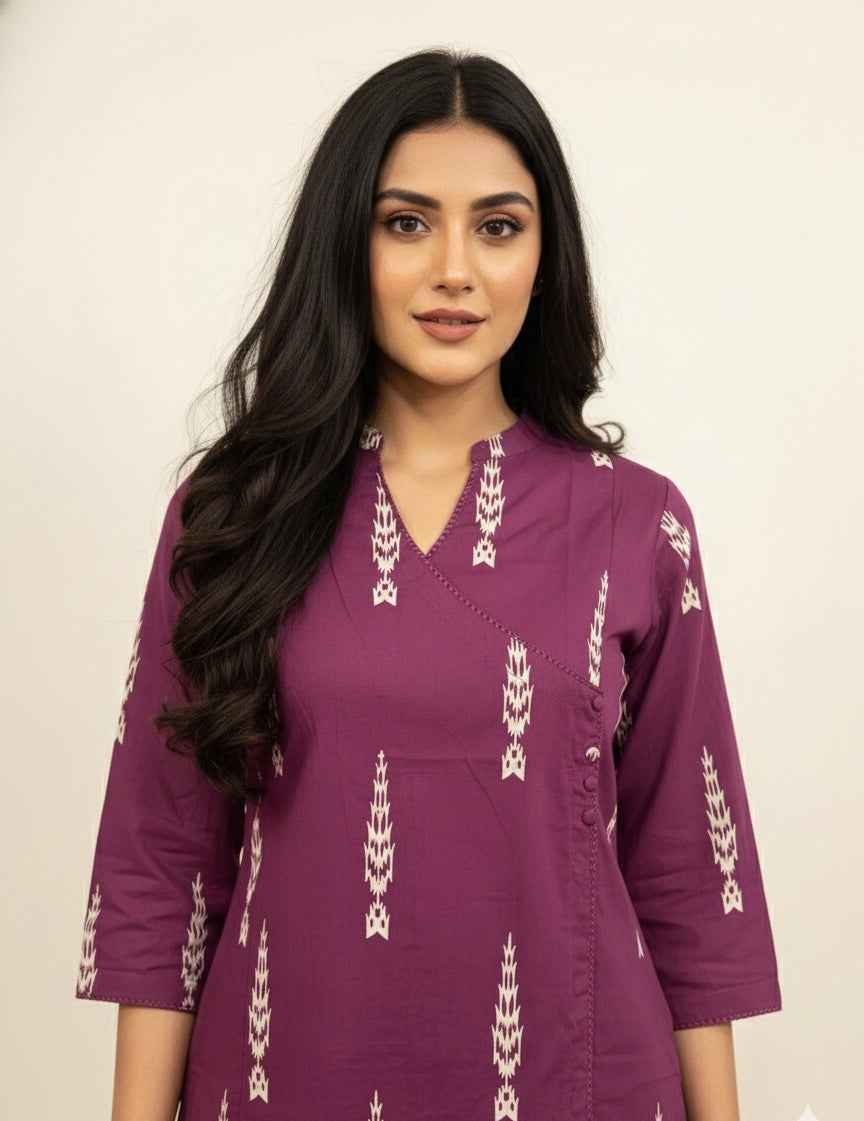 Pure Cotton Three Piece Angrakha Style Dupatta Set
