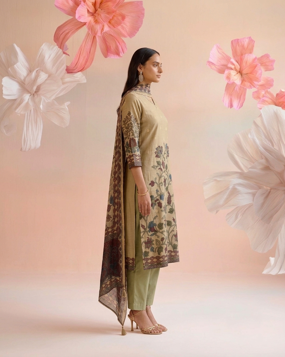 Printed Dupatta Set In Kota Doriya Fabric KD054