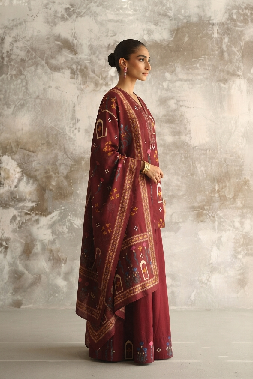Short Lentth Dupatta Set With Divider In Cotton Fabric