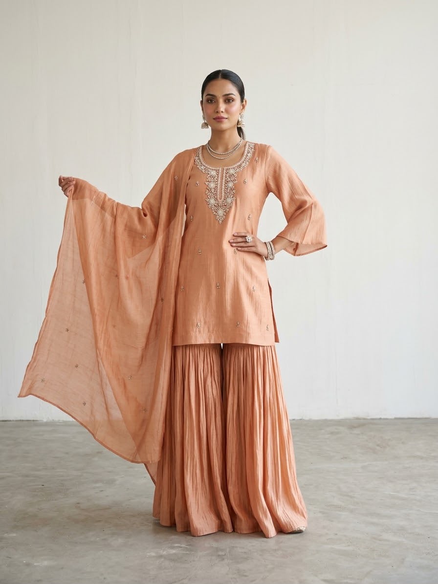 Mul Chanderi Crush With Lining And All Hand Embroidery Sharara Set MLC36