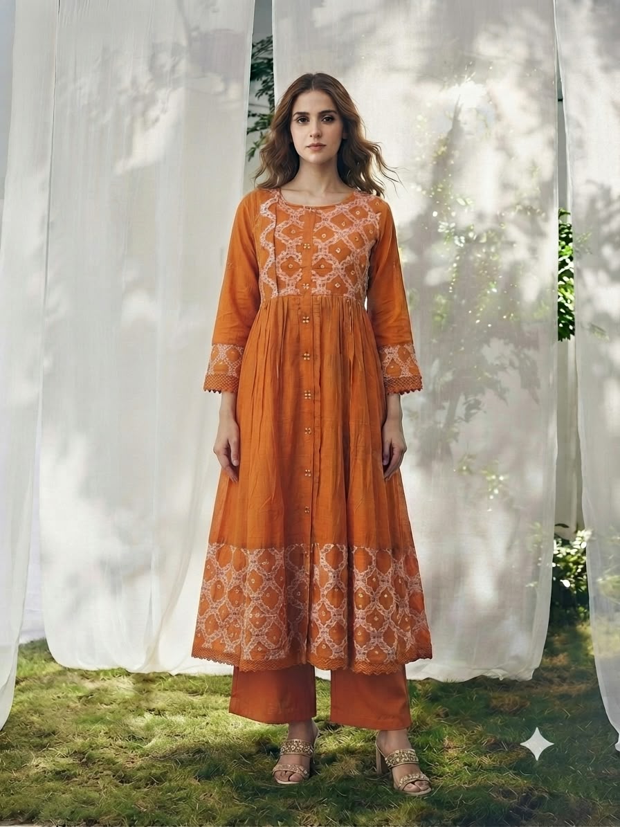 Pure Cotton A Line Anarkali Dupatta Set