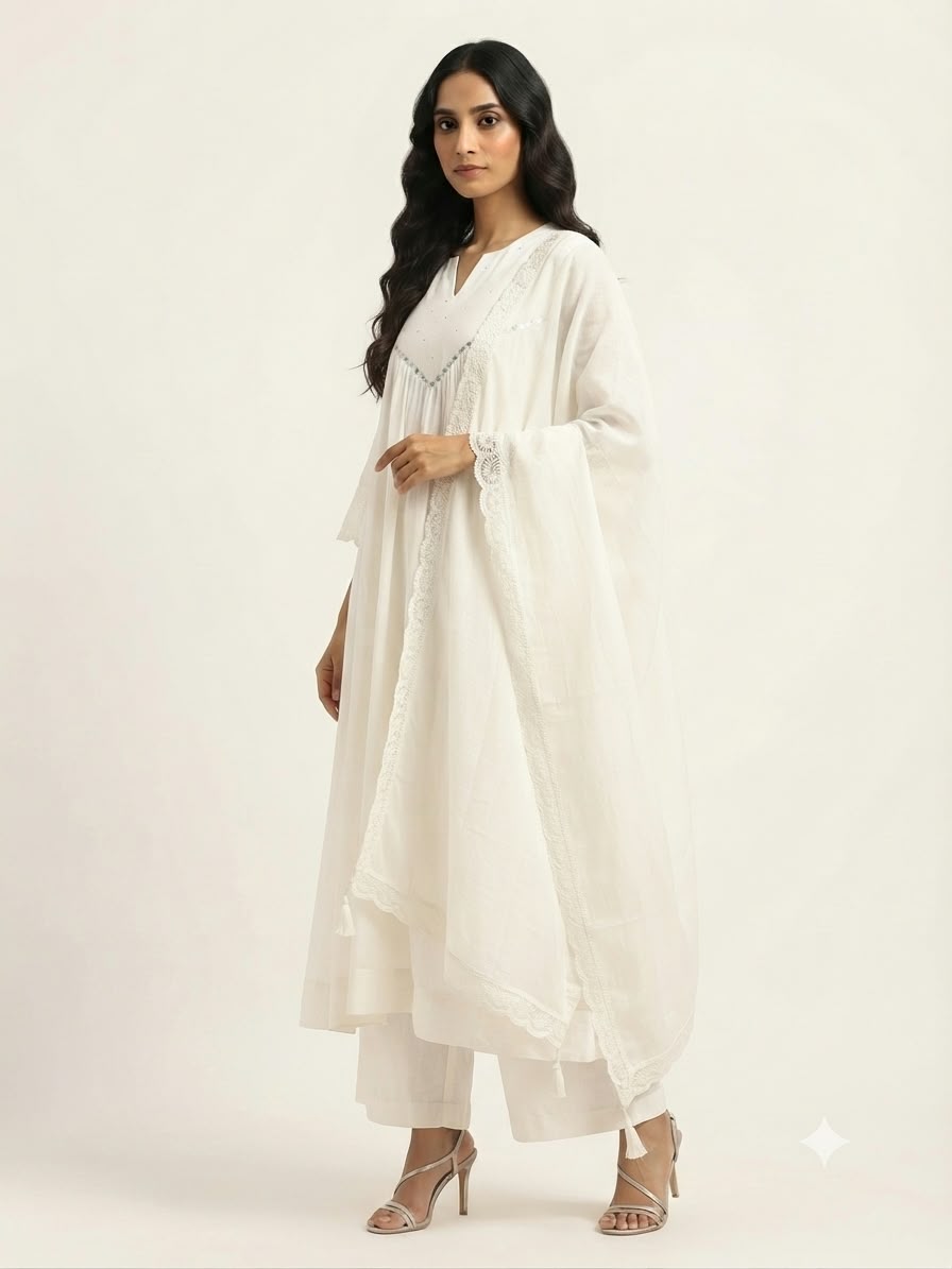 Pure Mul Chanderi Three Piece Anarkali Dupatta Set
