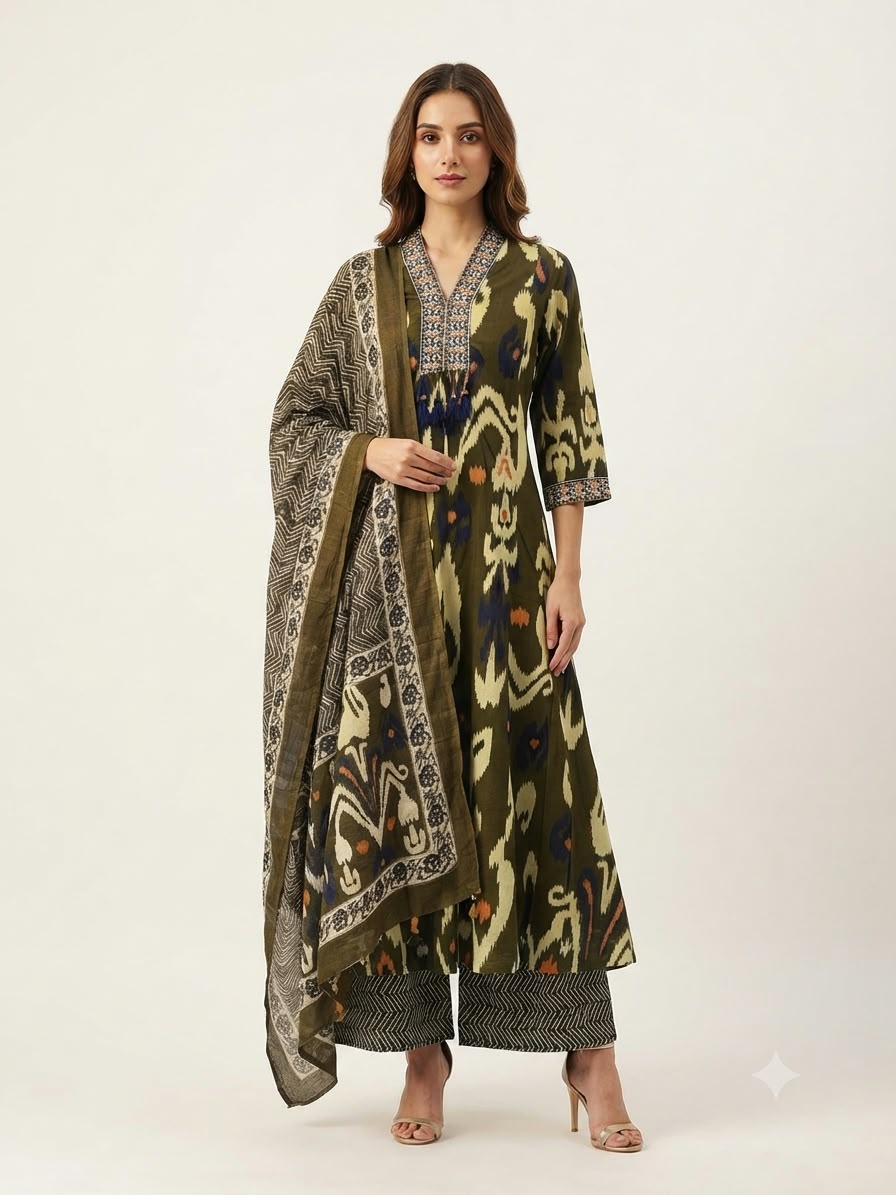 Pure Cotton Three Piece Anarkali Dupatta Set