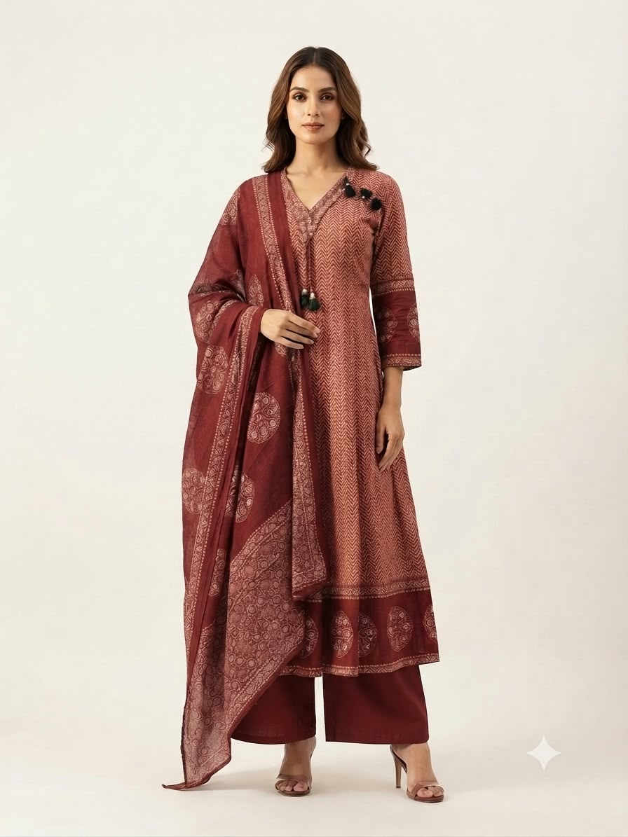 Pure Cotton Three Piece Anarkali Dupatta Set