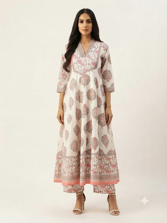 Pure Cotton Three Piece Anarkali Dupatta Set