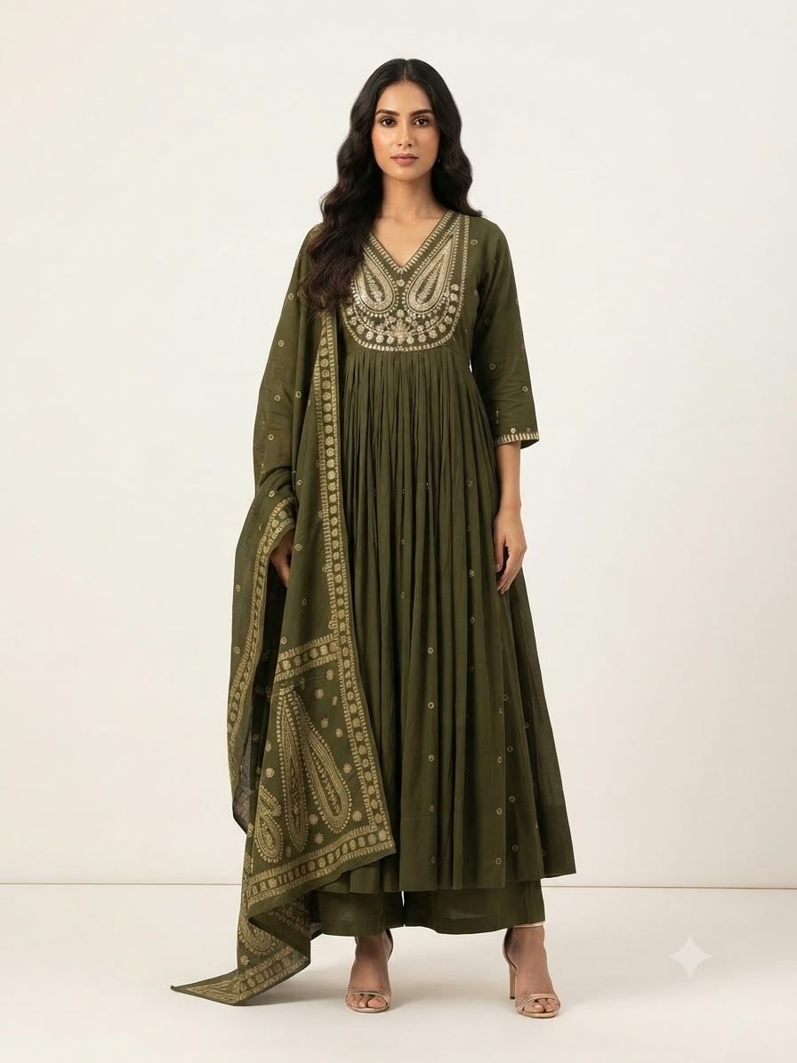 Pure Cotton Three Piece Anarkali Dupatta Set
