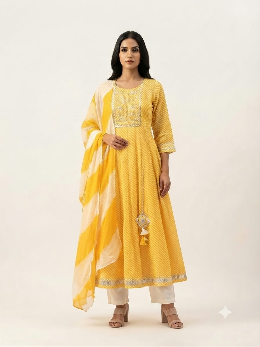 Pure Cotton Three Piece Anarkali Dupatta Set