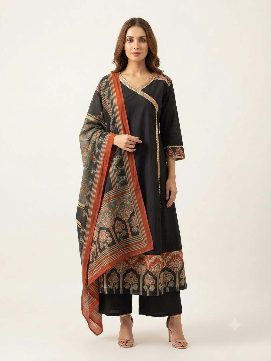 Pure Cotton Three Piece Anarkali Dupatta Set