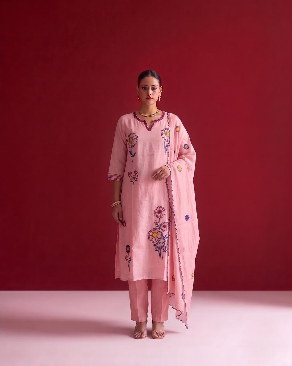 Mul Chanderi Dupatta Set With Embroidery MLC43