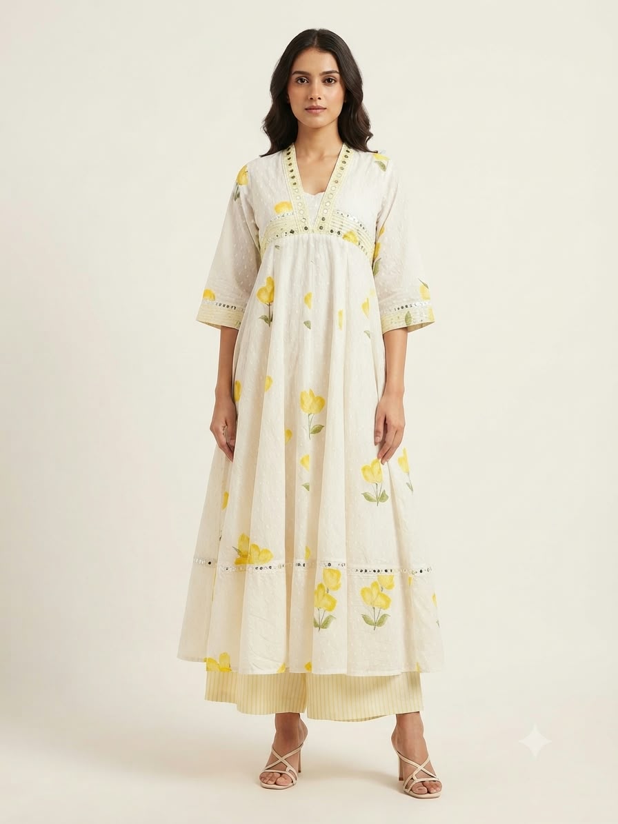 Pure Mul Cotton Three Piece Anarkali Dupatta Set