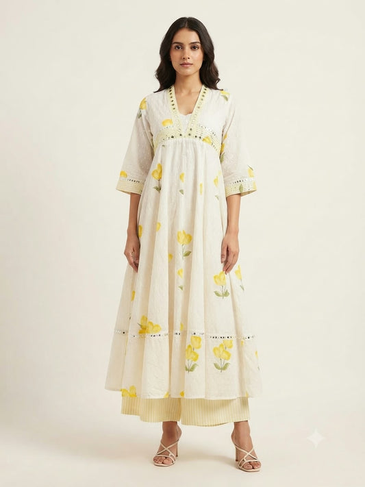 Pure Mul Cotton Three Piece Anarkali Dupatta Set