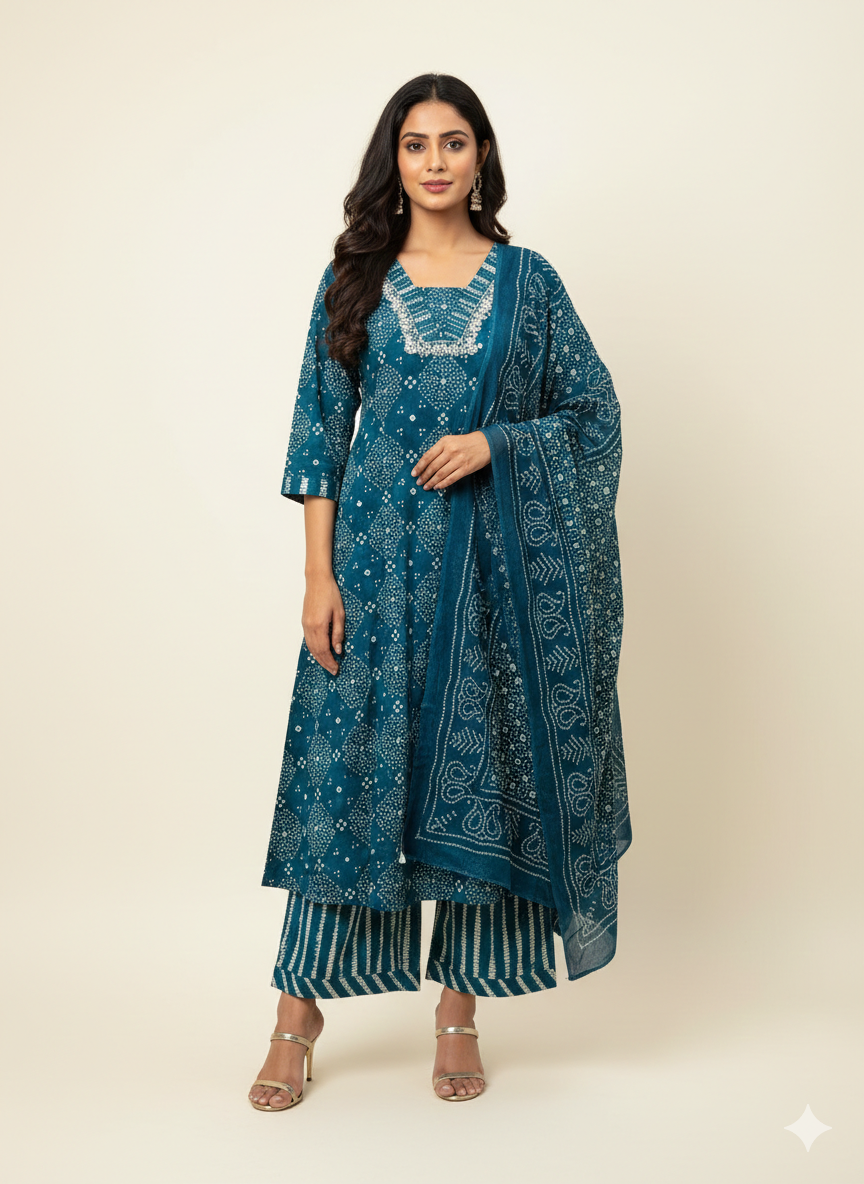 Pure Cotton A Line Three Piece Dupatta Set  CS0229