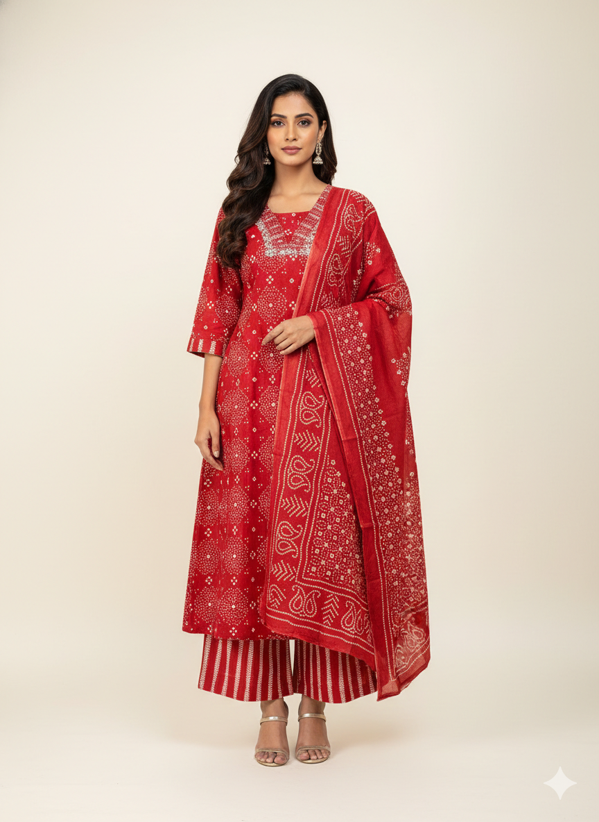 Pure Cotton A Line Three Piece Dupatta Set  CS0229