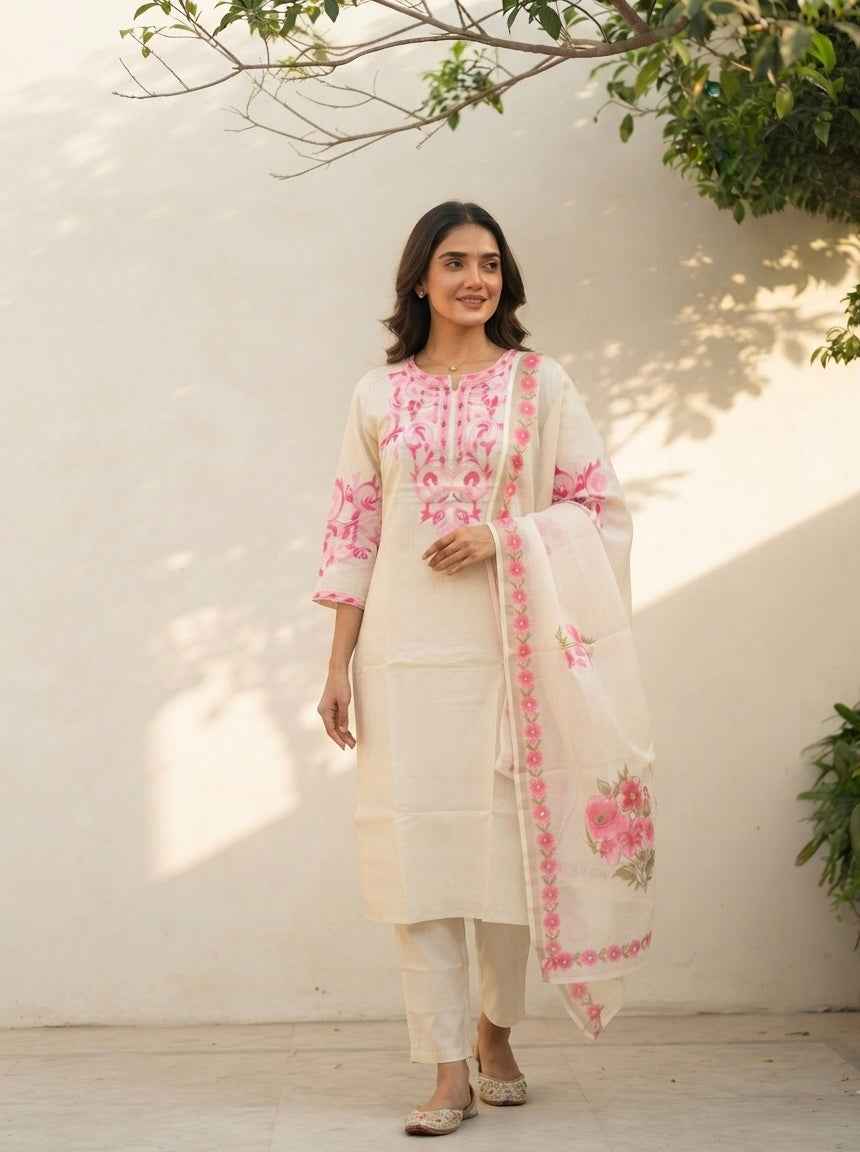 Embroidered  Cotton Chanderi Dupatta Set With Lining CS0306