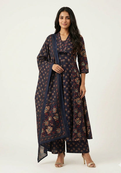 Pure Cotton A Line Anarkali Dupatta Set With Embrodery  ANK036