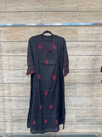 Embroidered A Line Dupatta Set In Mul Chanderi Fabric