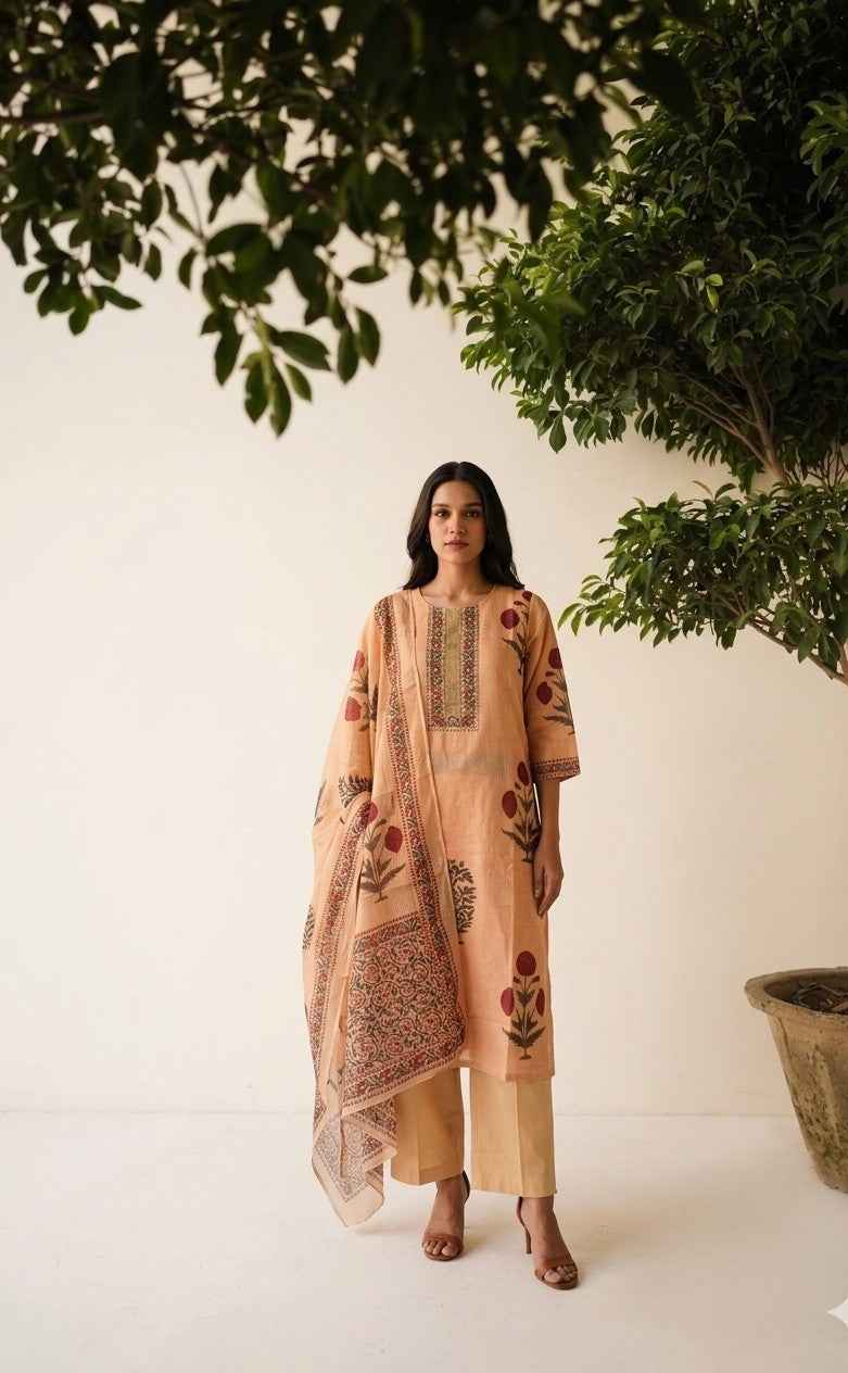 Kota Doria Floral Print Dupatta Set With Inner KD001