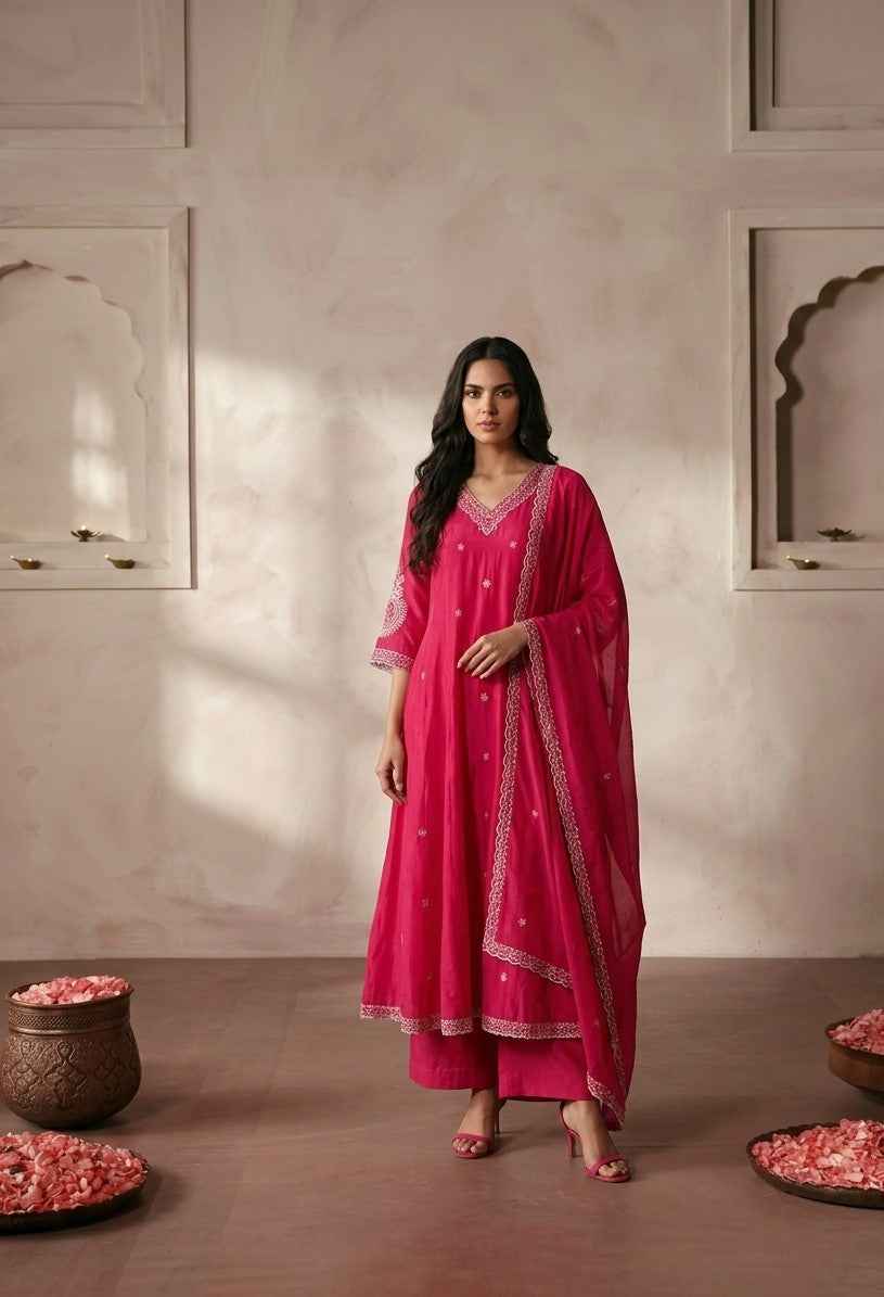 Premium Mul Chanderi Silk A Line Three Piece Dupatta Set FW002