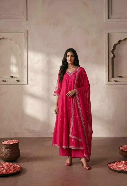 Premium Mul Chanderi Silk A Line Three Piece Dupatta Set FW002