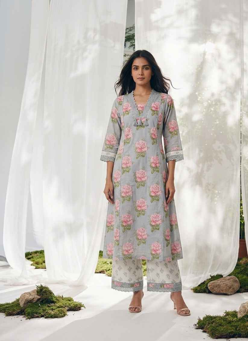 Pure Cotton A Line Floral Print Anarkali Dupatta Set With Palazzo  CS0221