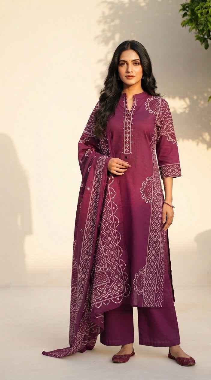 Pure Cotton Dupatta Set With Bandhej Print