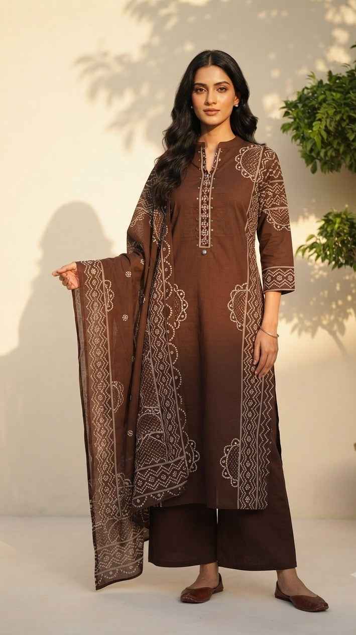 Pure Cotton Dupatta Set With Bandhej Print