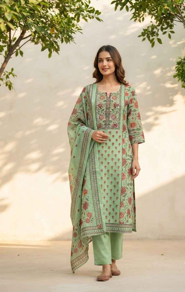 Pure Chanderi With Embroidery Dupatta Set