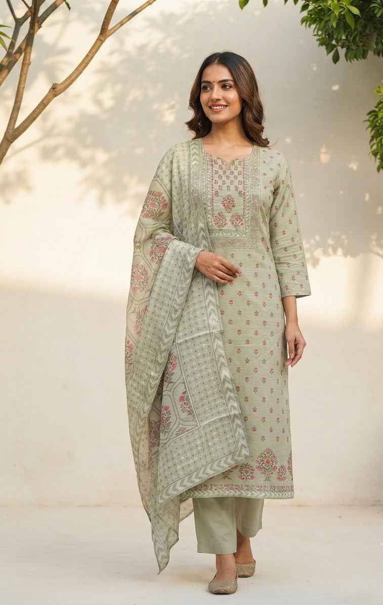 Pure Chanderi With Embroidery Dupatta Set