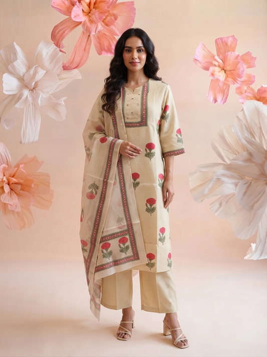Printed Dupatta Set In  Kota Doriya Fabric KD051