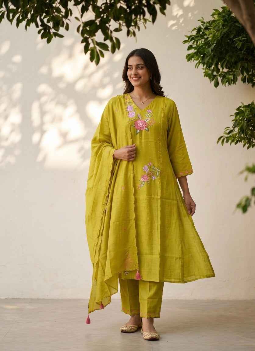 A Line Dupatta Set In Silk Fabric