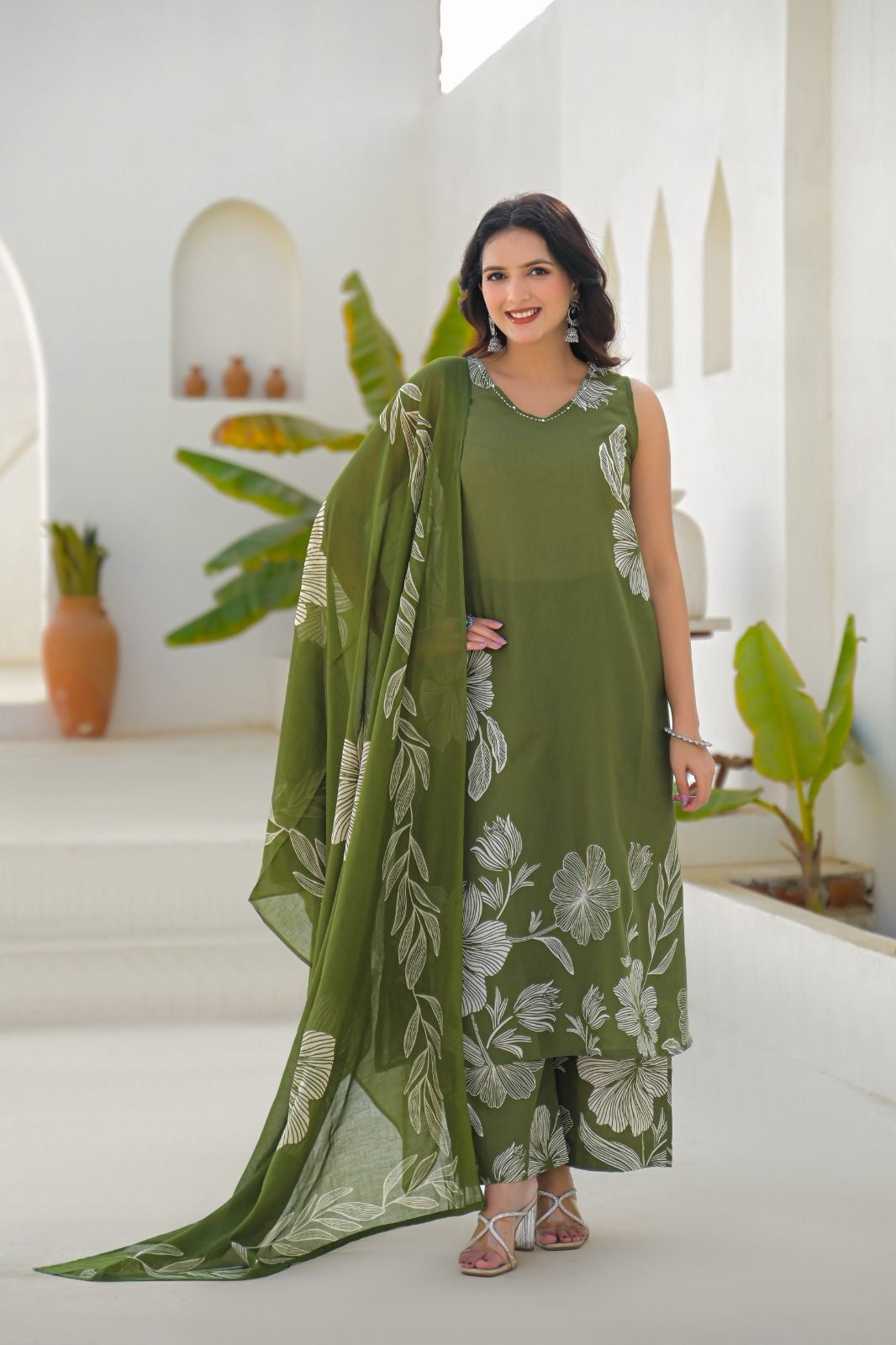 Pure Cotton Sleeveless Floral Print Dupatta Set  CS0105
