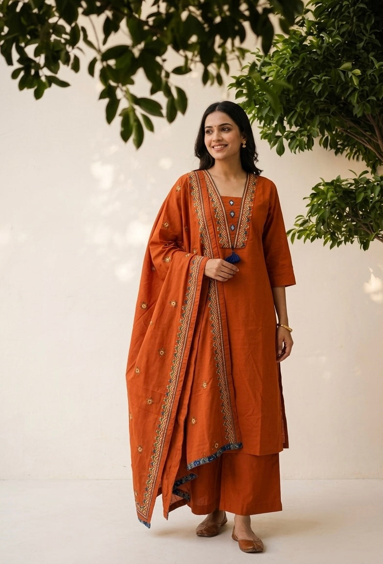 Premium Dabu Cotton Solid Base With Printed Dupatta Set CS0328