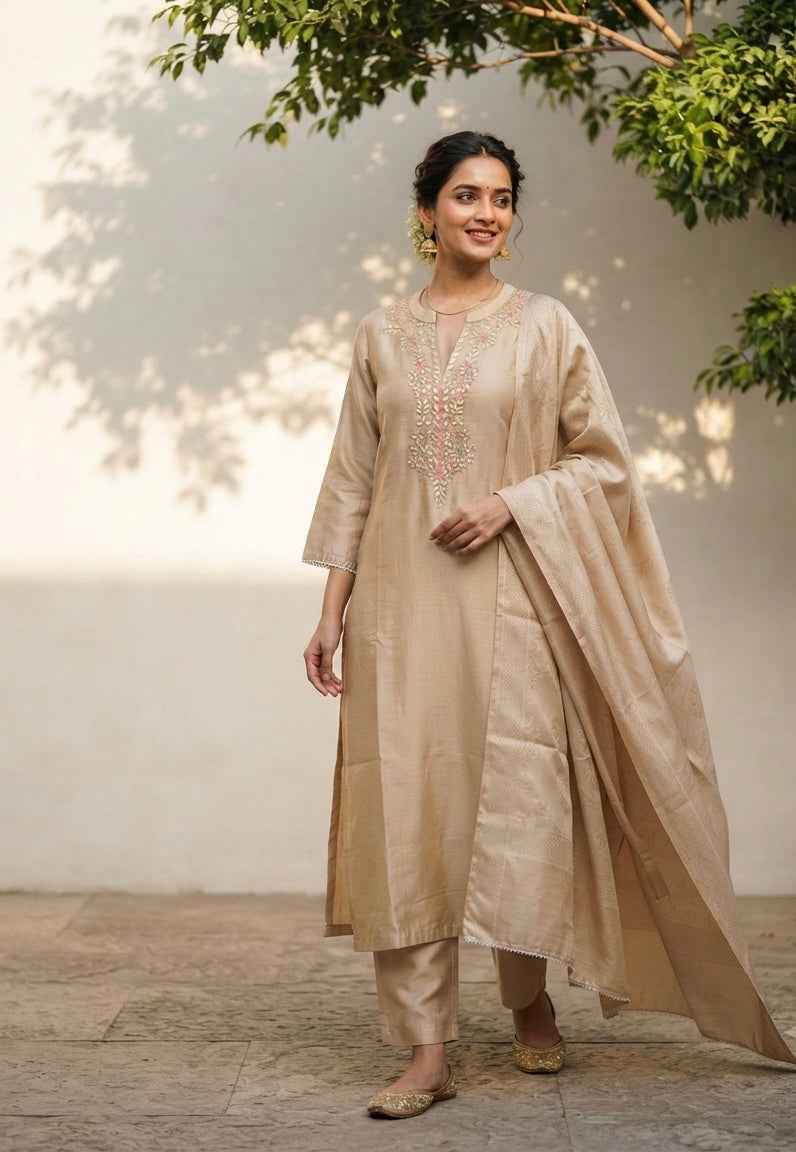 Chanderi Kurta With Handwork Gota Patti Work On Neck With Dupatta CHS019