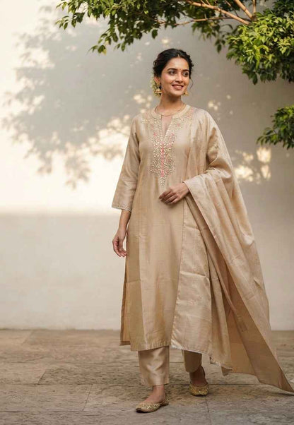 Chanderi Kurta With Handwork Gota Patti Work On Neck With Dupatta CHS019