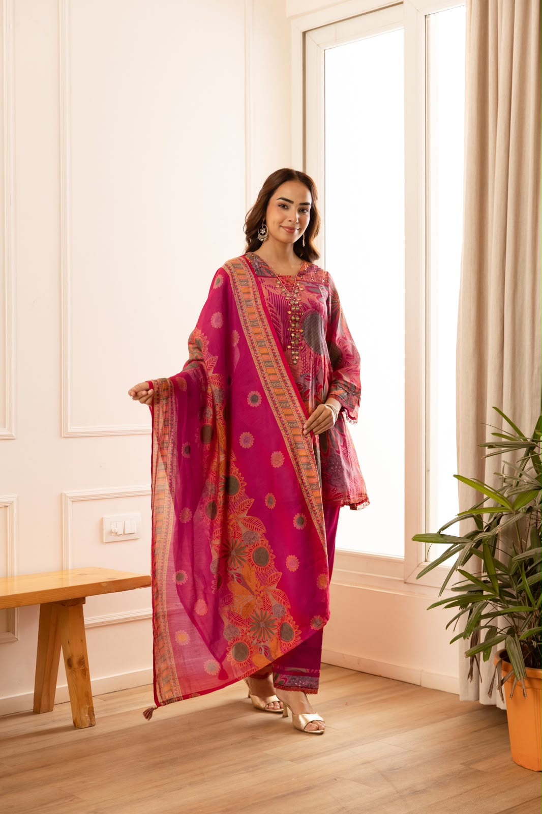 Printed Short Length Dupatta Set In Modal Silk Fabric
