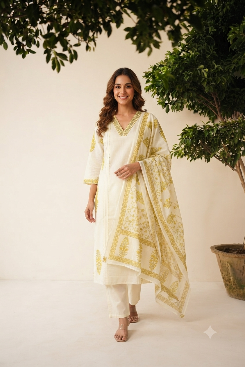 Pure Cotton Dupatta Set With Inner A Line Pattern CS0269
