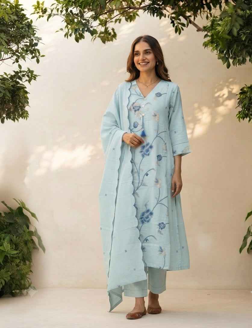 Embroidered Mul Cotton Dupatta Set With Inner MC042