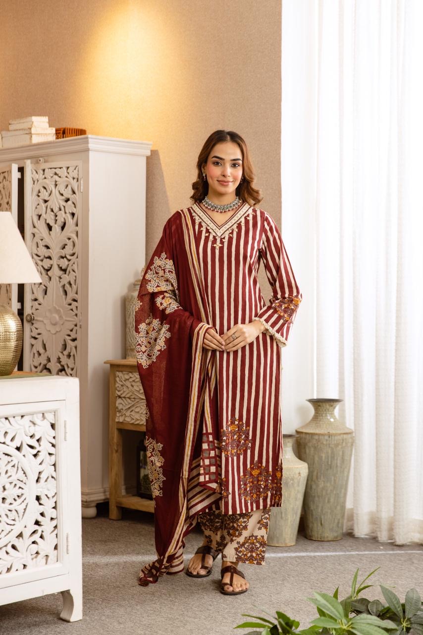 Cotton Stripes Print Dupatta Set CS0382