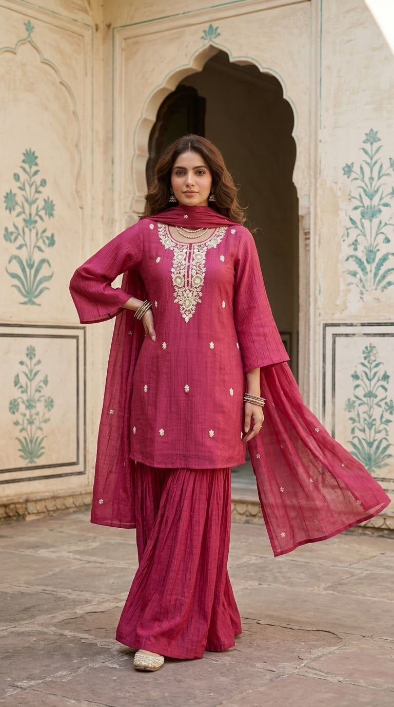 Embroidered Mul Chanderi Crust Kurta And Sharara Set With Llining MLC31