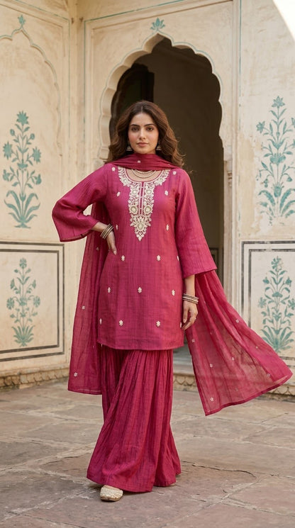 Embroidered Mul Chanderi Crust Kurta And Sharara Set With Llining MLC31