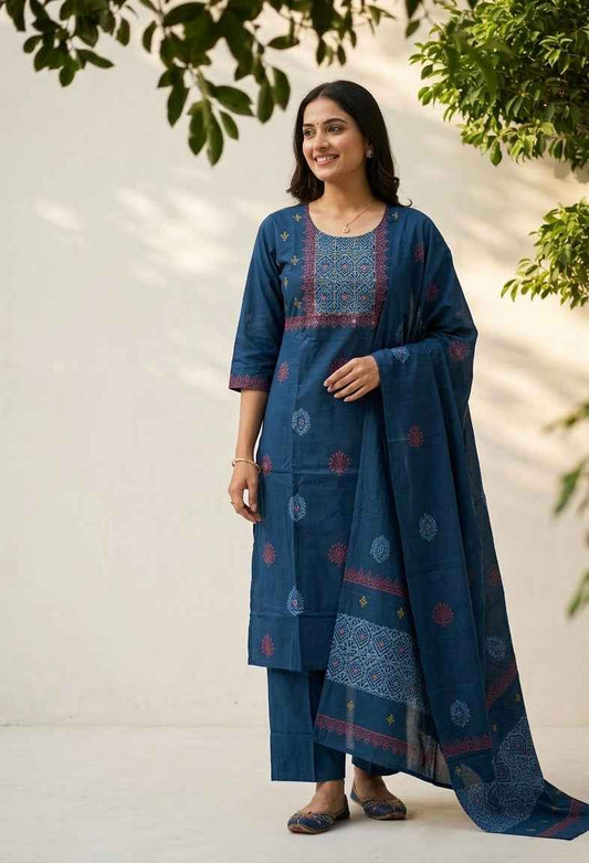 Premium Dabu Cotton Solid Base With Printed Dupatta Set CS0324