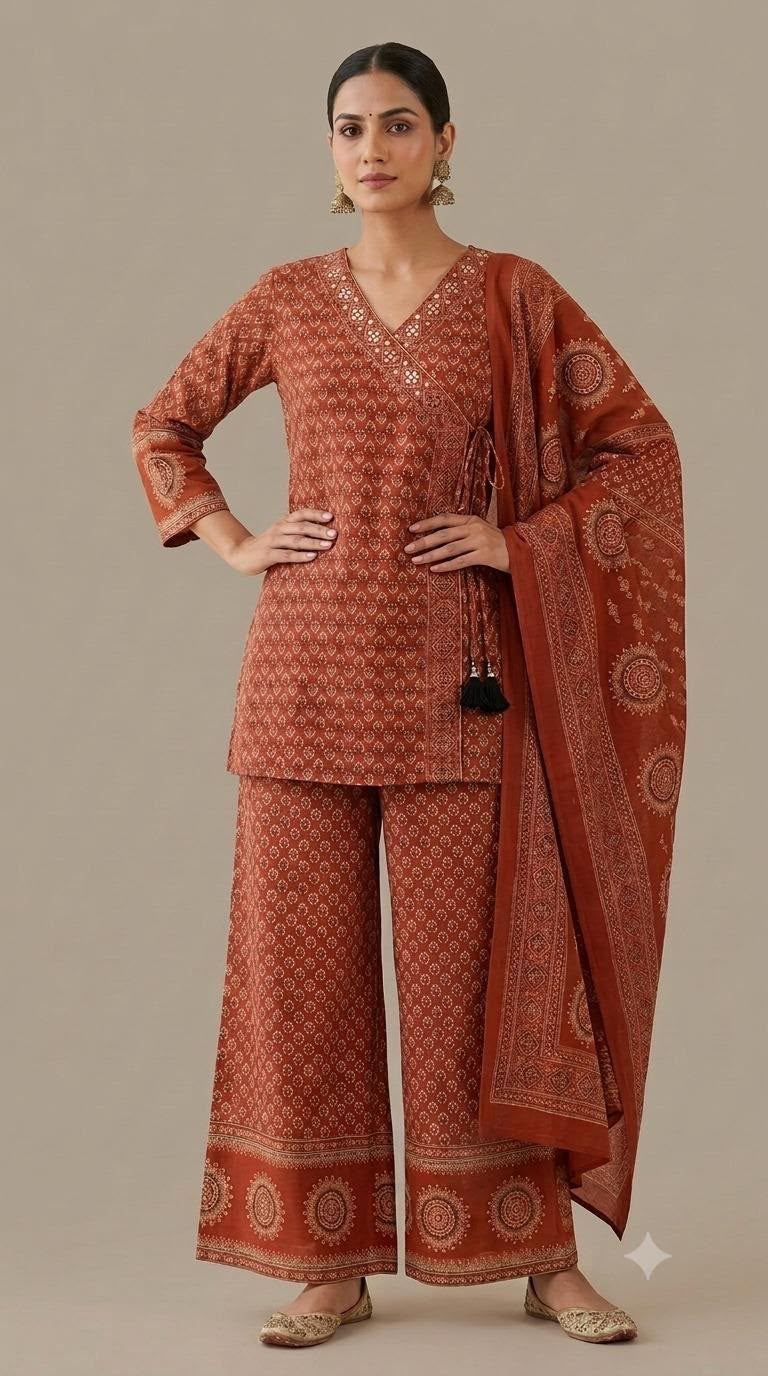 Pure Cotton Angrakha Style Short Kurta Dupatta Set CS0401 (Prebooking)