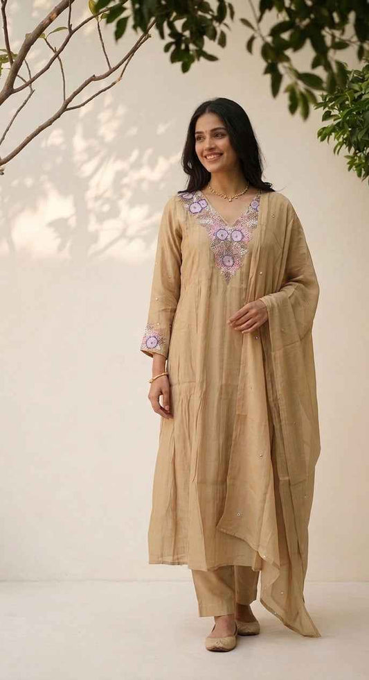 A Line Mul Chanderi Dupatta Set With Handwork MLC24