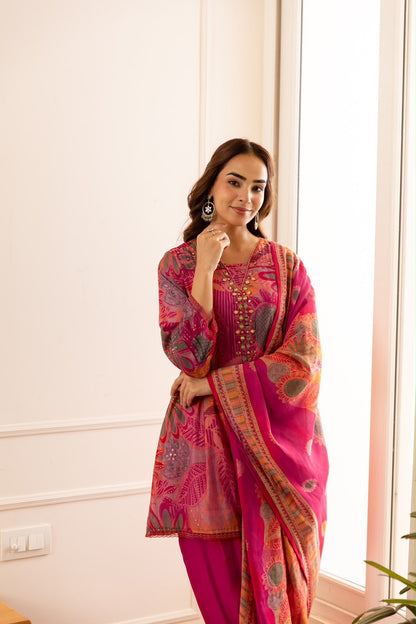 Printed Short Length Dupatta Set In Modal Silk Fabric