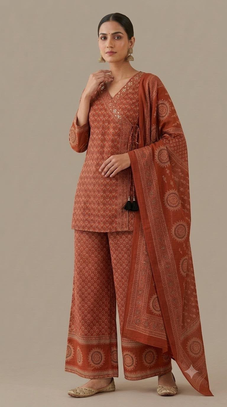 Pure Cotton Angrakha Style Short Kurta Dupatta Set CS0401 (Prebooking)